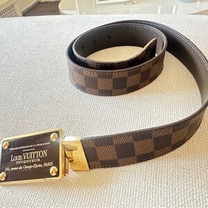 Louis Vuitton Brown Checkered Men's Belt with Gold Buckle
